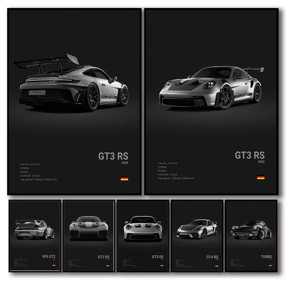 Black White Pop Luxury Germany Sports Car Poster Wall Art 911 GT3 RS Turbo Print Canvas Painting for Garage Home Room Decor